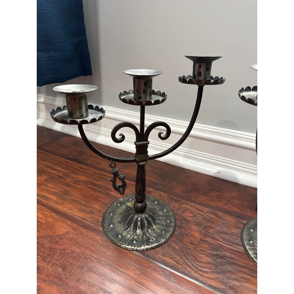 Pair Antique Hugo Berger Goberg Arts & Crafts Wrought Iron 3-Branch Candelabras - Picture 3 of 5